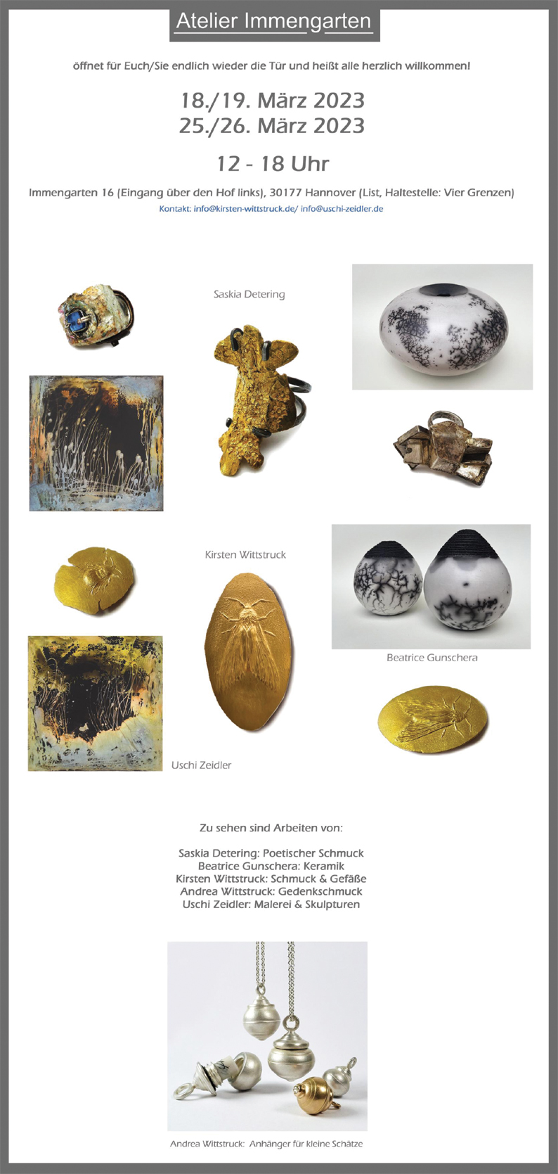 Einladung – Atelier Immengarten 18./19. März 2023 / 25./26. März 2023